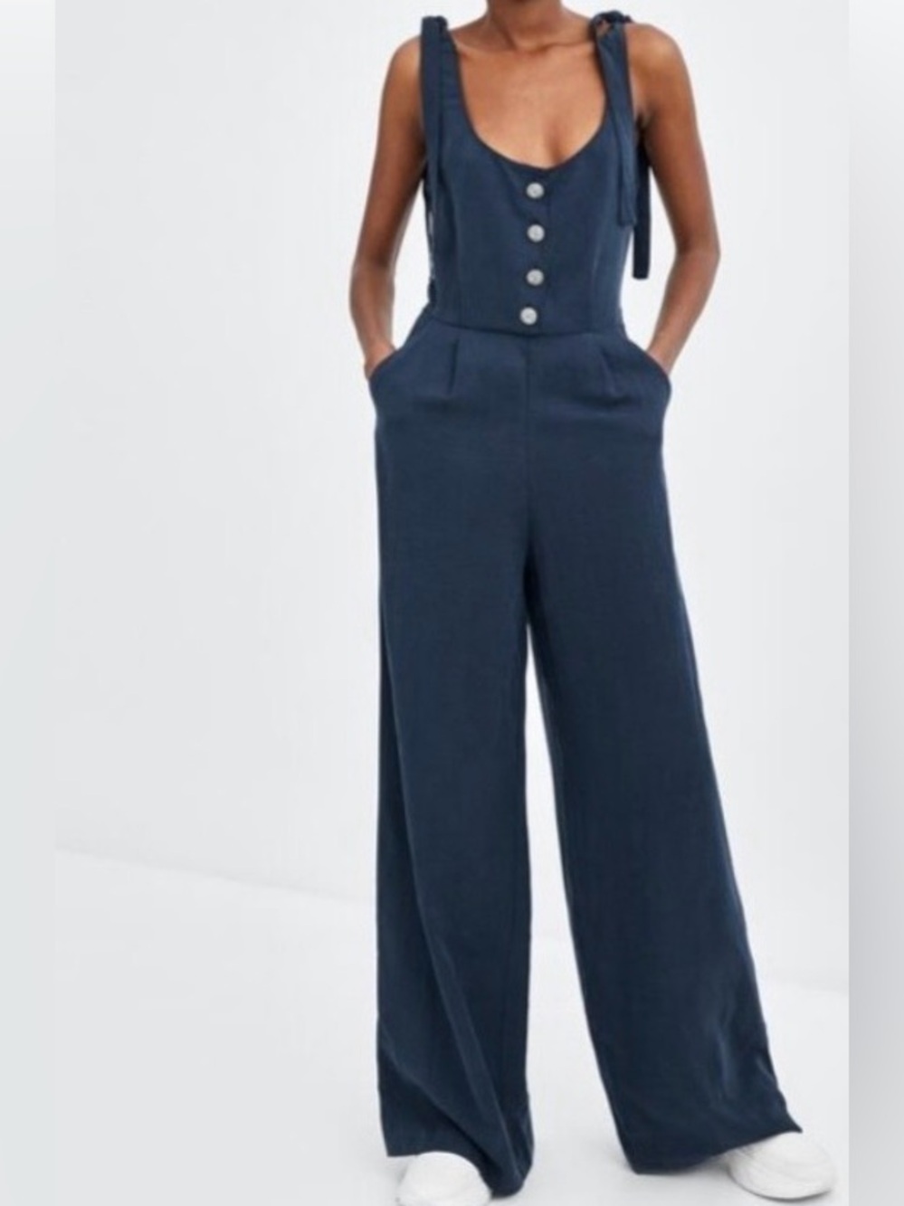 ZARA TRF COLLECTION NAVY BLUE WIDE LEG JUMPSUIT TIE SHOULDER LINEN RAYON SZ XS